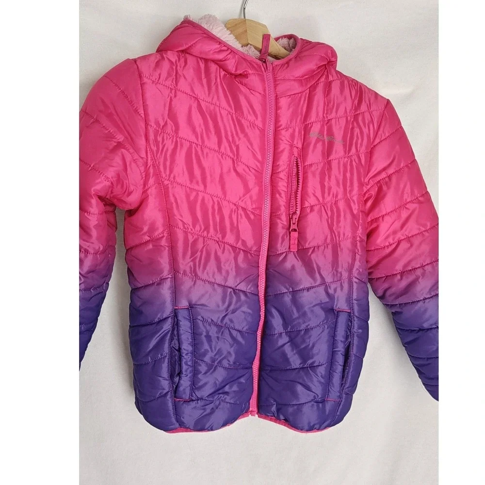 Eddie Bauer Youth Reversible Puffer Jacket  Pink Purple Ombre Fleece L 14 15